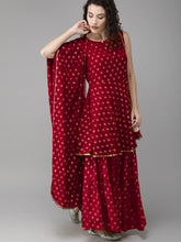 Women's Maroon & Gold-Toned Printed Sharara Set With Dupatta-AHKUDUSH-COMBO-282